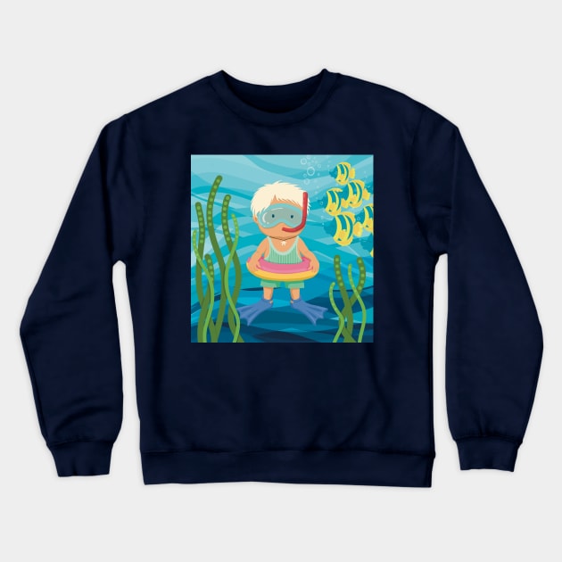 Cute little boy is on vacation  snorkeling in the turquoise sea Crewneck Sweatshirt by marina63